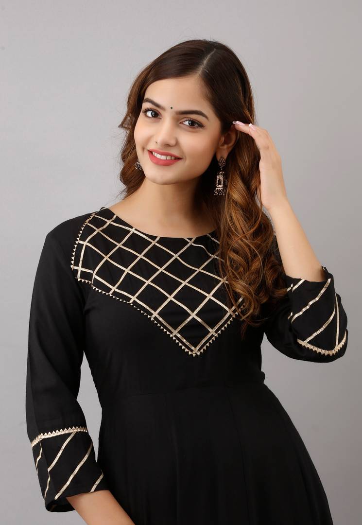 Stylish Rayon Black Gota Work 3/4 Sleeves Anarkali Kurta